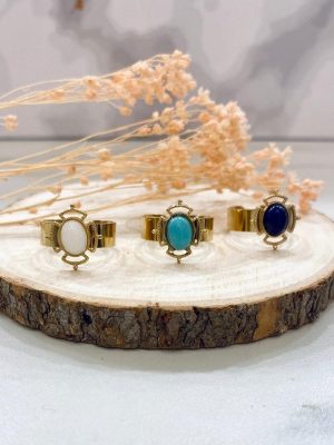 Boutique de bijoux à Toulouse : 3 bagues réglables en acier inoxydable doré avec pierres naturelles agate lapis-azuli turquoise