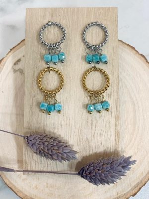 Boutique de bijoux à Toulouse : Boucles d'oreilles puces en acier inoxydable doré ou argenté avec un anneau texturé et trois perles turquoise