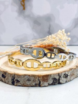 Boutique de bijoux à Toulouse : Deux bracelets joncs en acier inoxydable doré et argenté avec de gros maillons
