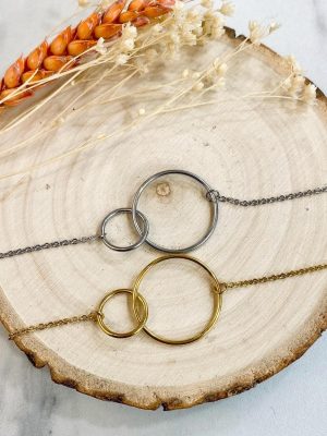 Boutique de bijoux à Toulouse : 2 bracelets en acier inoxydable doré et argenté avec double cercle enlacés