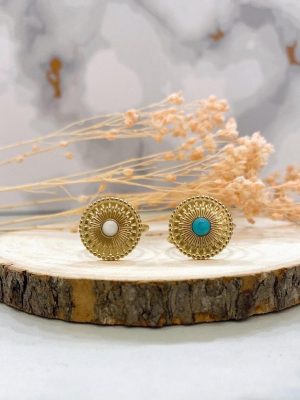 Boutique de bijoux à Toulouse : Deux bagues ajustables en acier inoxydable doré et en pierre naturelle jade blanc et turquoise