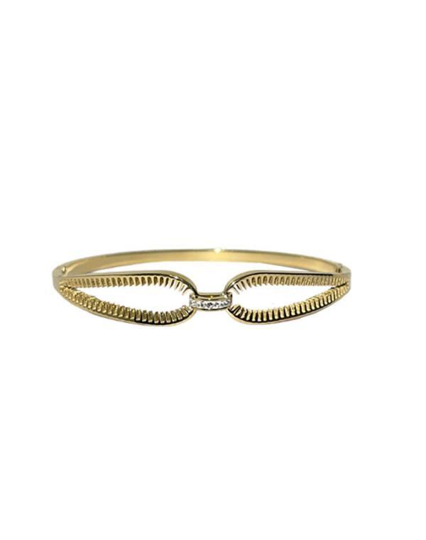 Bracelet jonc en acier inoxydable doré avec deux boucles et un petit cercle composé de strass
