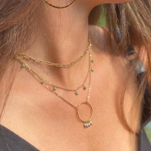 Boutique de bijoux à Toulouse : Mannequin qui porte un collier en acier inoxydable avec des petites pierres naturelles amazonite