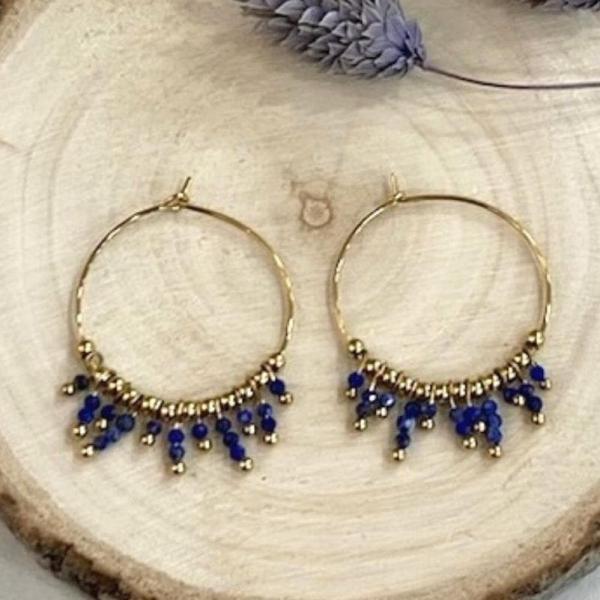 Boutique de bijoux de Toulouse : Créoles en acier inoxydable doré avec pierre naturelle lapis lazuli