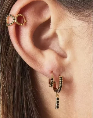 A-creer-Mono-creole-Strass-en-acier-inoxydable-dore-et-strass-noirs-porte