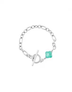 Turquoise-Bracelet-en-acier-inoxydable-argente-et-fleur-turquoise
