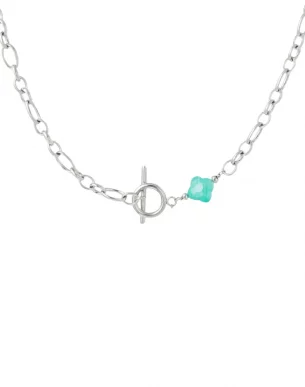 Turquoise-Collier-en-acier-inoxydable-argente-et-fleur-turquoise