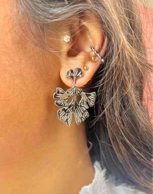 Boucles Longues Ginkgo en acier inoxydable argente mannequin bijoux boutique toulouse